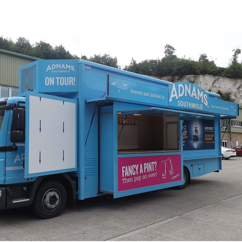 he innovative design incorporates a slide out pod, tiled beer wall with a copper drip tray and a integrated refrigerated beer cellar, finished in a fully branded Adnams livery.
