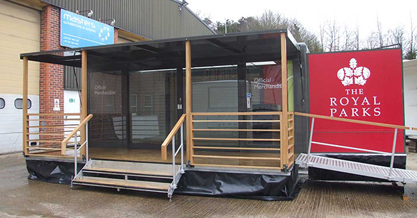6m Shop trailer. for the Royal Parks, Glass fronted with oak entrance details, front platform and extending rear pod as a mobile promotional shop.